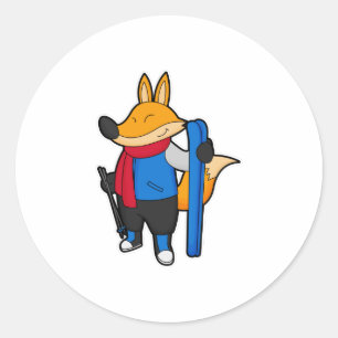 Fox as Skier mit Ski Runder Aufkleber
