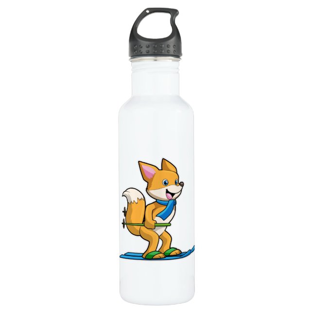 Fox as Skier mit Ski & Skistöcken Edelstahlflasche (Vorderseite)