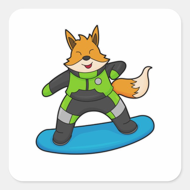 Fox as Snowboarder with Snowboard Quadratischer Aufkleber (Vorderseite)