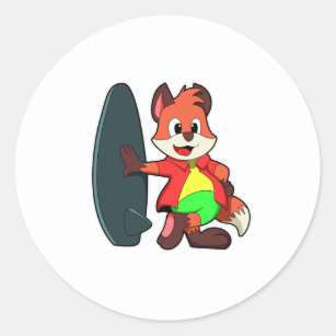 Fox as Surfer mit Surfbrett Runder Aufkleber