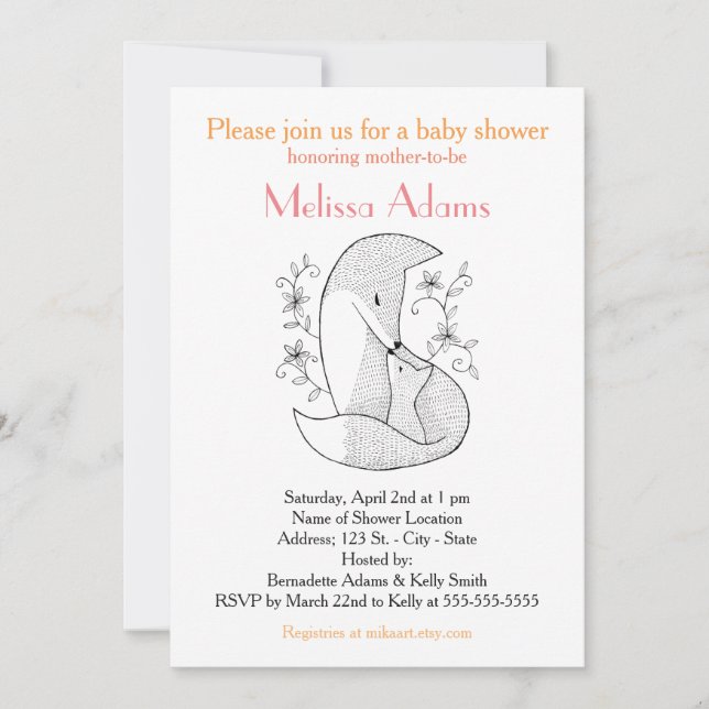 Fox Baby Dusche Einladung Woodland Fox Mama & Baby (Vorderseite)