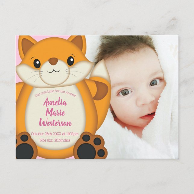 Fox Baby Dusche Pink Postkarte (Vorderseite)