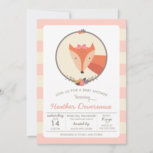 Fox Baby Girl Babydusche Einladung (Vorderseite)