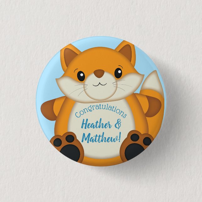 Fox Baby Shower Blue Button (Vorderseite)