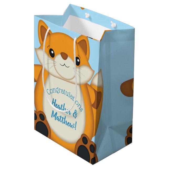 Fox Baby Shower Blue Mittlere Geschenktüte (Rückseite Schrägansicht)