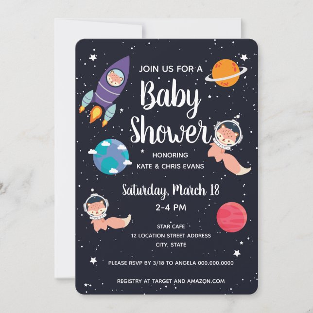 Fox Baby Shower Space Navy Galaxy Baby Dusche Einladung (Vorderseite)