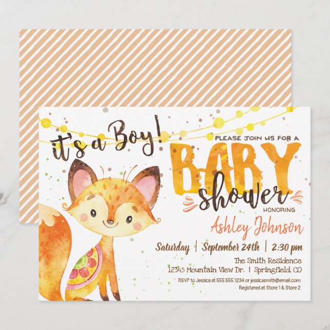 Fox Baby shower Woodland invitation Boy (Devant / Derrière)