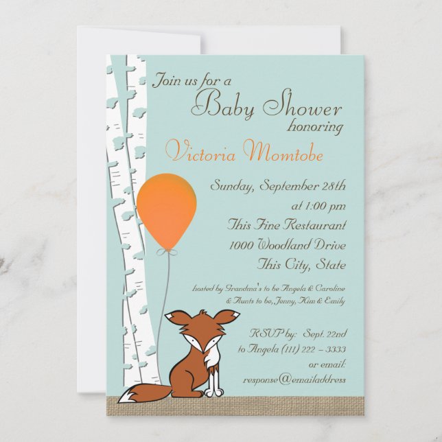 Fox Balloon und Birch Woodland Babydusche Einladung (Vorderseite)