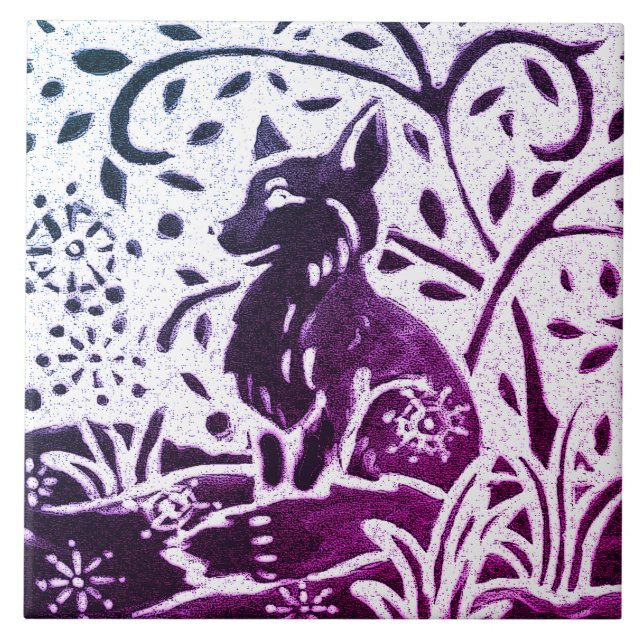 Fox Batik Modernes Lila Schnee Winterwald Fliese (Vorderseite)