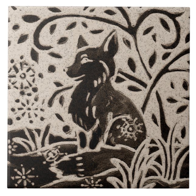 Fox Batik Stoneware Woodland Animal Tan Gray Brown Fliese (Vorderseite)