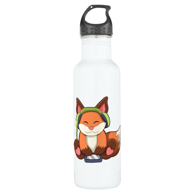 Fox bei Musik mit Headphone Edelstahlflasche (Vorderseite)