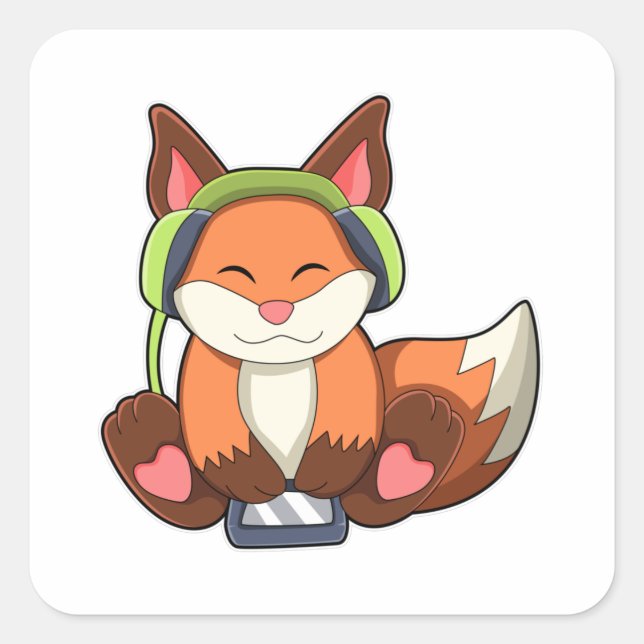Fox bei Musik mit Headphone Quadratischer Aufkleber (Vorderseite)