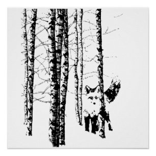Fox Birch Tree Forest Animal Silhouette Art Poster