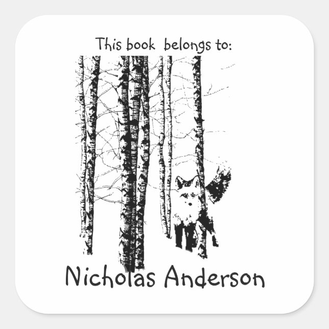 Fox Birch Tree Forest Animal Silhouette Art Quadratischer Aufkleber (Vorderseite)