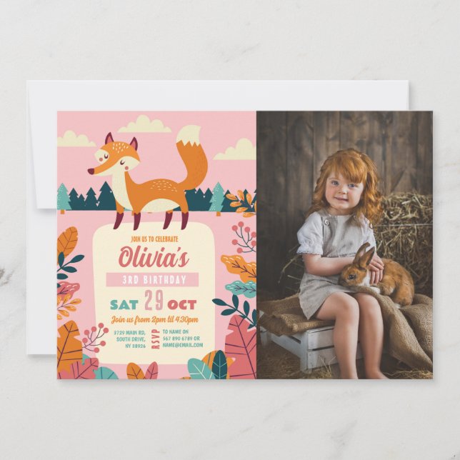 Fox Birthday Party Forest Theme Foto Pink Girl Einladung (Vorderseite)