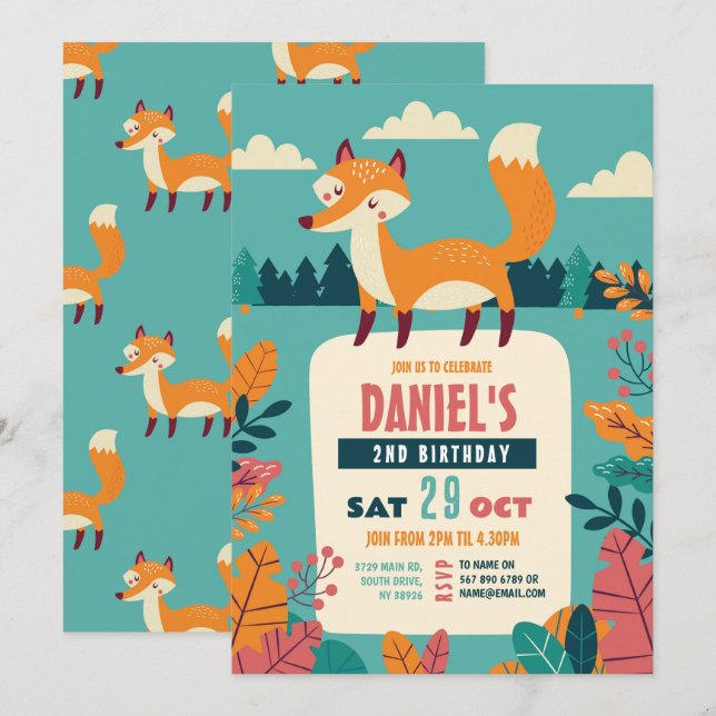 Fox Birthday Party Forest Theme Woods Boy Girl Einladung (Vorne/Hinten)