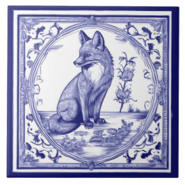 Fox Blue und White Asian Style Folk Art Fliese