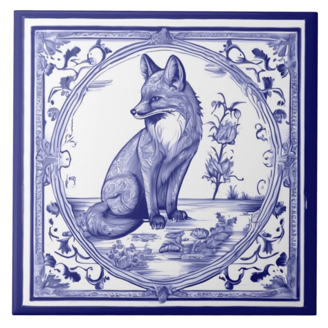 Fox Blue und White Asian Style Folk Art Fliese (Vorderseite)