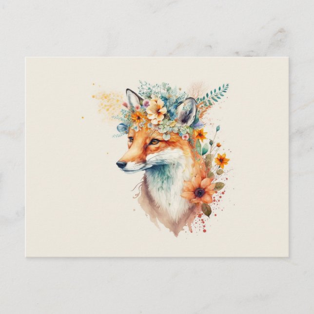 Fox Blume Crown Watercolor Postkarte (Vorderseite)
