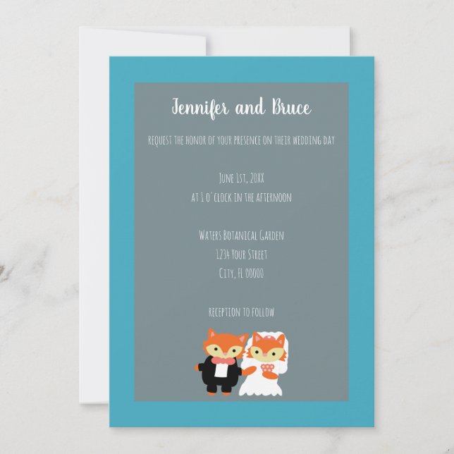 Fox Bride Groom Niedlich Aquamarin Gray Personaliz Einladung (Vorderseite)