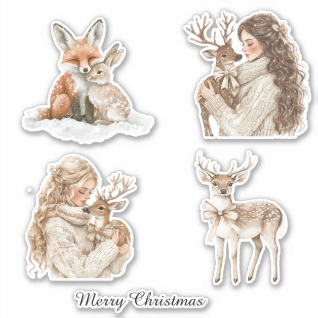 Fox Bunny Deer Girl Christmas Aufkleber (Vorderseite)
