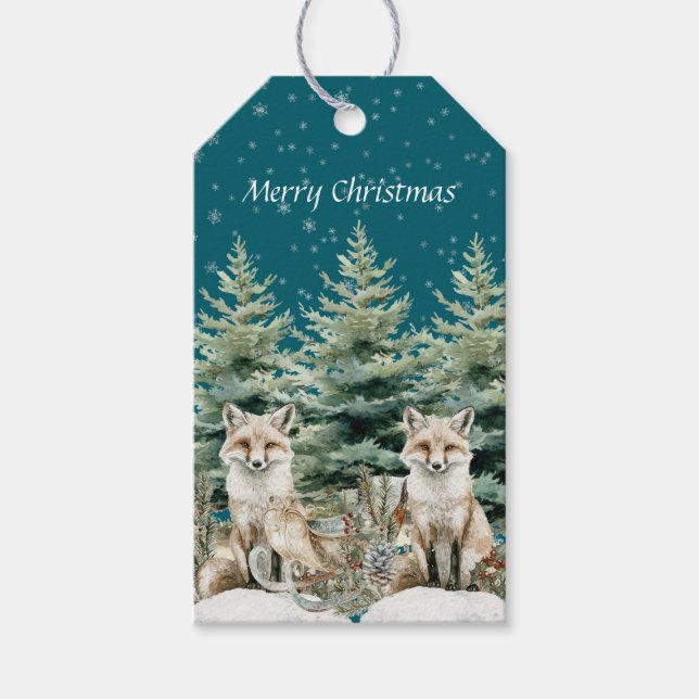 Fox Christmas Tree Sleigh Snowflakes Geschenkanhänger (Vorderseite)