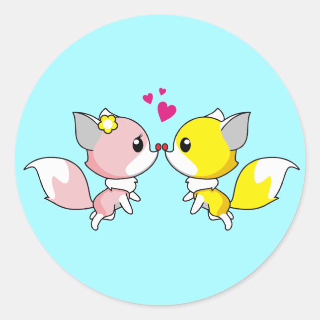 Fox Couple Kissing mit Little Hearts Overhead Runder Aufkleber (Vorderseite)