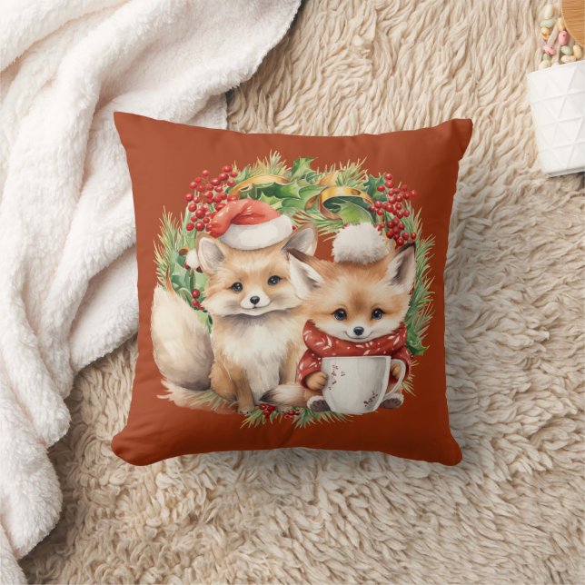 Fox Couple Winter Wreath Weihnachten Kissen (Decke)