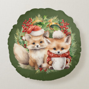 Fox Couple Winter Wreath Weihnachten Rundes Kissen