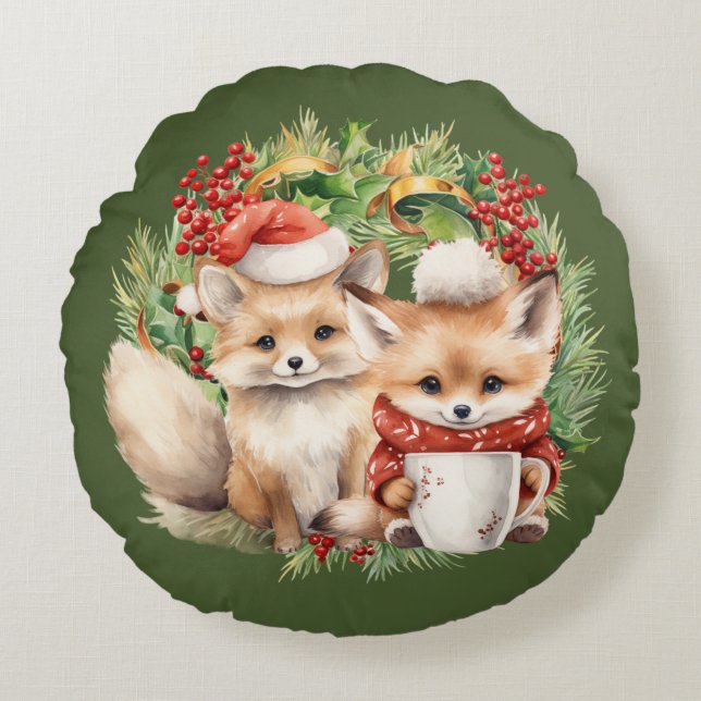 Fox Couple Winter Wreath Weihnachten Rundes Kissen (Vorderseite)