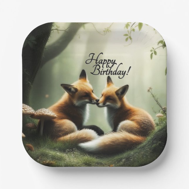 Fox Cuddle in Misty Forest Birthday Pappteller (Vorderseite)