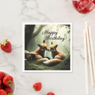 Fox Cuddle in Misty Forest Birthday Serviette