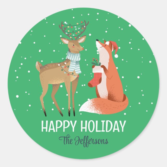 Fox Deer Snowy Winter Holiday Weihnachtsmann Tier Runder Aufkleber (Vorderseite)