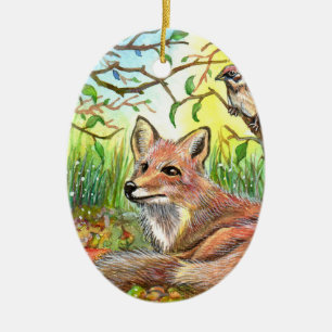 Fox, der beim Spatzen liegt Keramikornament