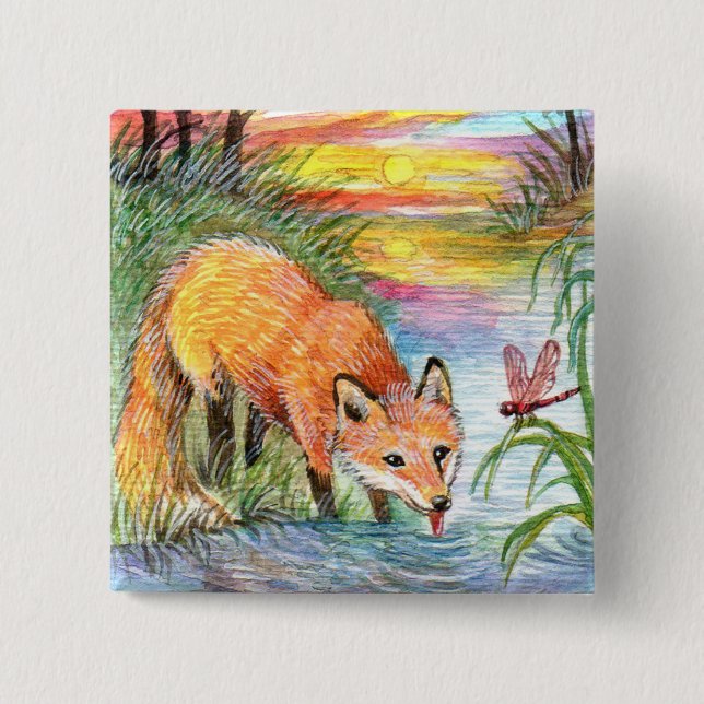 Fox, der durch Flussufer trinkt Button (Vorderseite)
