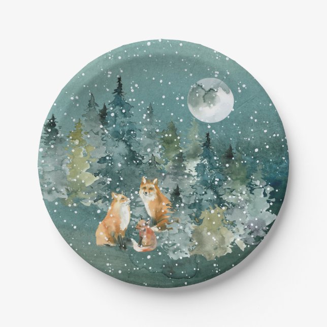 Fox Familie in Forest Full Moon Schneefall Urlaub Pappteller (Vorderseite)