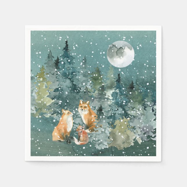 Fox Familie in Forest Full Moon Schneefall Urlaub Serviette (Vorderseite)