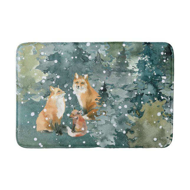 Fox-Familie in Forest Snowfall Badematte (Vorderseite)