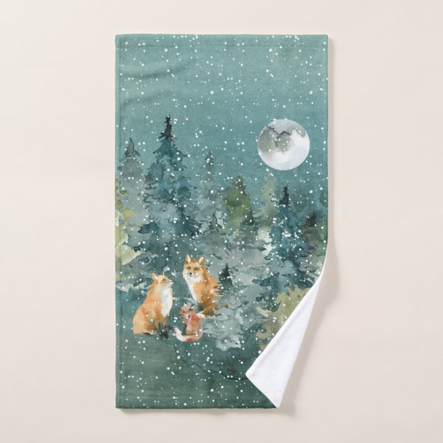 Fox-Familie in Forest Vollmond-Schneefall Badhandtuch Set (Handtuch)