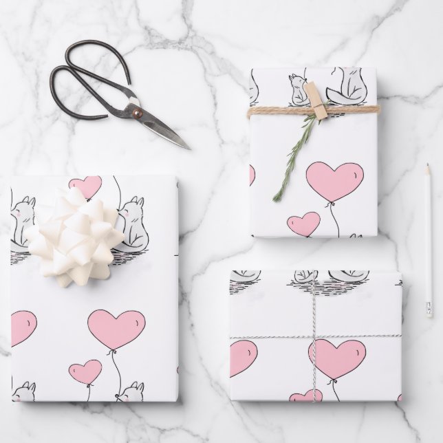 Fox-Familie mit rosa Herzblasen Geschenkpapier Set (Vorderseite)