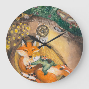 Fox Familie Nachmittags Nickerchen, Wasserfarben W Große Wanduhr