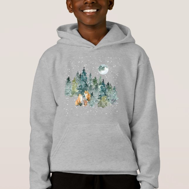 Fox Familienwald Vollmond Schneefall Hoodie (Vorderseite)