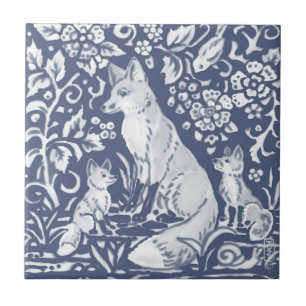 Fox Family Blue White Woodland Foodland Denim Fliese