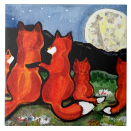 Fox Family Watching Moon Dark Blue 6" Tile Trivet Fliese