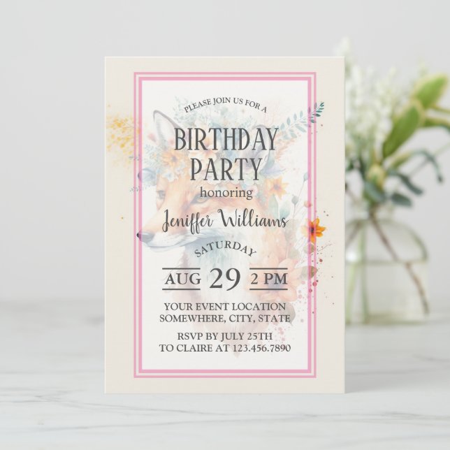 Fox Flower Crown Watercolor                        Einladung (Stehend Vorderseite)