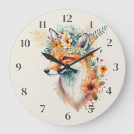 Fox Flower Crown Watercolor          Große Wanduhr