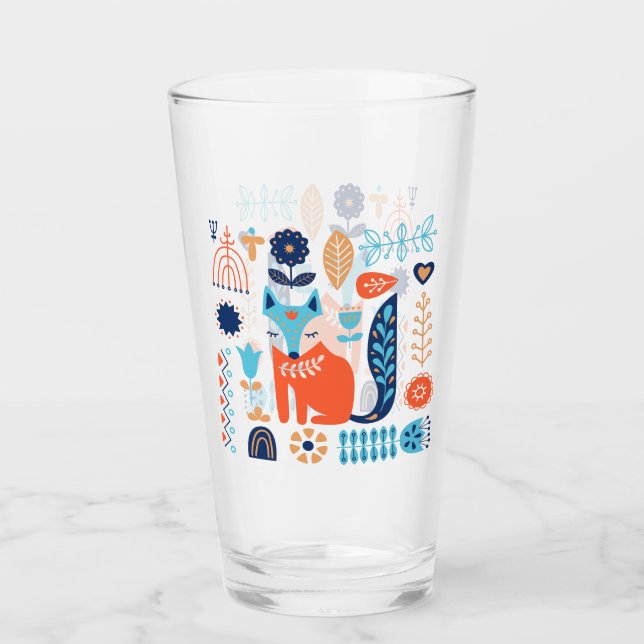 Fox Folk Art Floral Muster | Art Glas (Vorderseite)