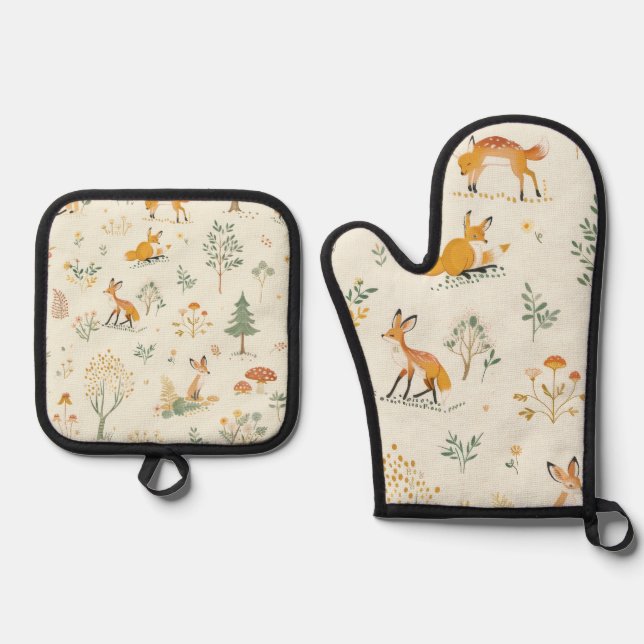 "Fox Forest Kitchen Set" Ofenhandschuh & Topflappen-Set (Vorderseite)