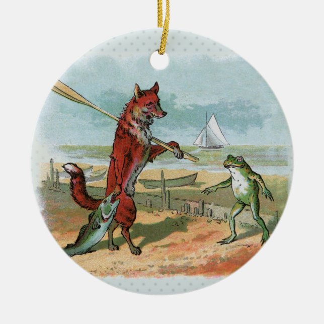 Fox Frog Fishing Antike Illustration Keramik Ornament (Vorne)