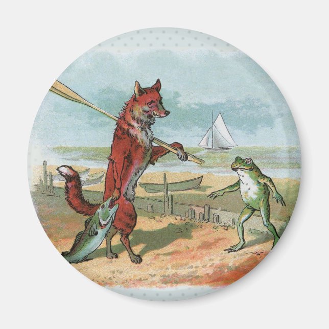 Fox Frog Fishing Antike Illustration Magnet (Vorne)